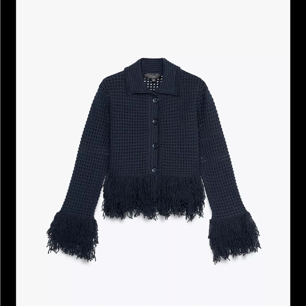 Zara Navy Fringe Button-Up Cardigan